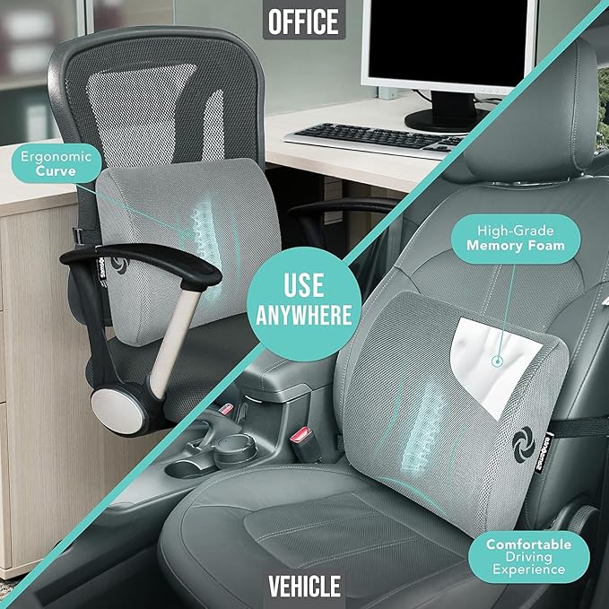 Samsonite Memory Foam Lumbar Support Pillow for Office Chair, Gaming Chair & Car Seat Automotive Use, Ergonomic Back Cushion, Work from Home Essentials, Office Essentials for Sitting Comfort, Grey - Image 2