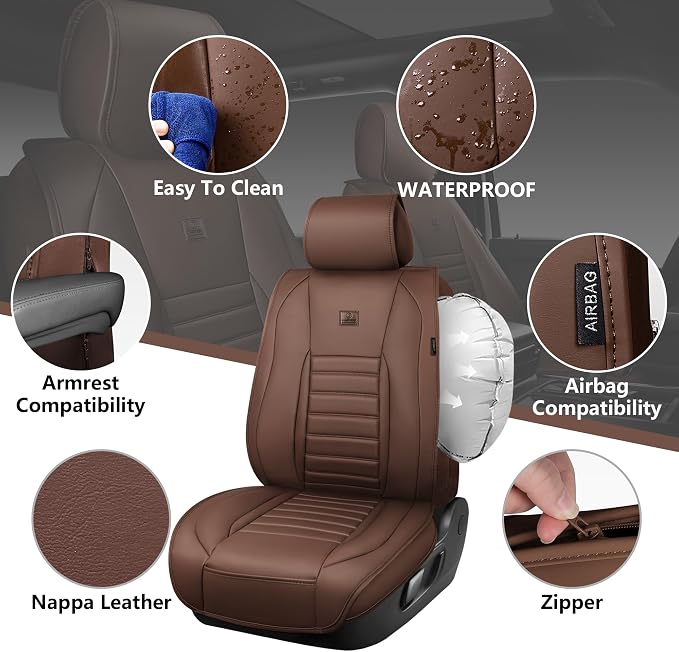 CAR PASS Nappa Leather Car Seat Covers Full Set, Luxury Seat Protector for Cars, Waterproof Anti-Slip Seat Cushion Armrest Compatible Airbag Universal for Sedan SUV Pick-up Truck Auto,Brown - Image 2