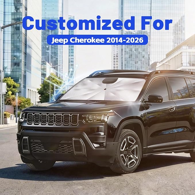 Car Windshield Sun Shade Umbrella for Jeep Cherokee 2014-2026, 1:1 Fit | [Reflective Coated Fabric] Car Shades Sun Visor Keep Car Cool and Protects Interior, Sunshade Umbrella for Front Window - Image 2