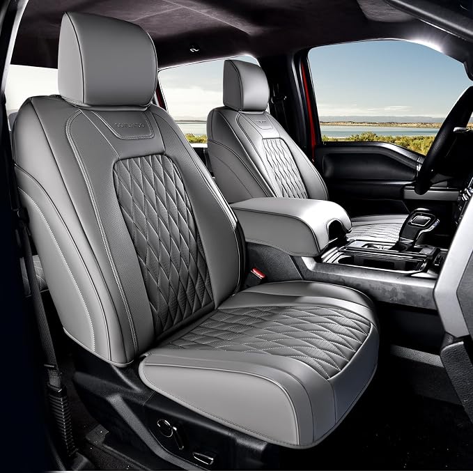 Coverado Leather Seat Covers Full Set Fit for Ford F150 F250 F350 F450, Waterproof Ford F150 Truck Seat Covers Fit for 2015-2026 F150 and 2017-2026 F250 F350 F450 (Gray) - Image 2