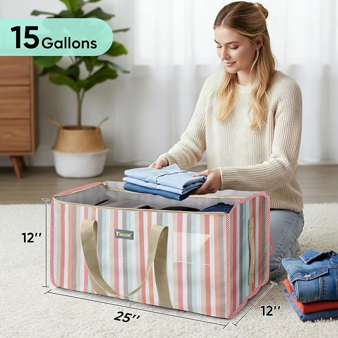 BALEINE Extra Large Storage Tote with Zippers & Carrying Handles, Heavy-Duty Oxford Fabric Moving Bags for Laundry, Space Saving, Storage, Color Stripe - Image 5