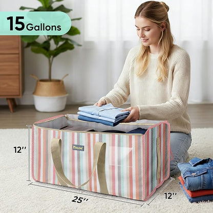 BALEINE Extra Large Storage Tote with Zippers & Carrying Handles, Heavy-Duty Oxford Fabric Moving Bags for Laundry, Space Saving, Storage, Color Stripe - Image 5