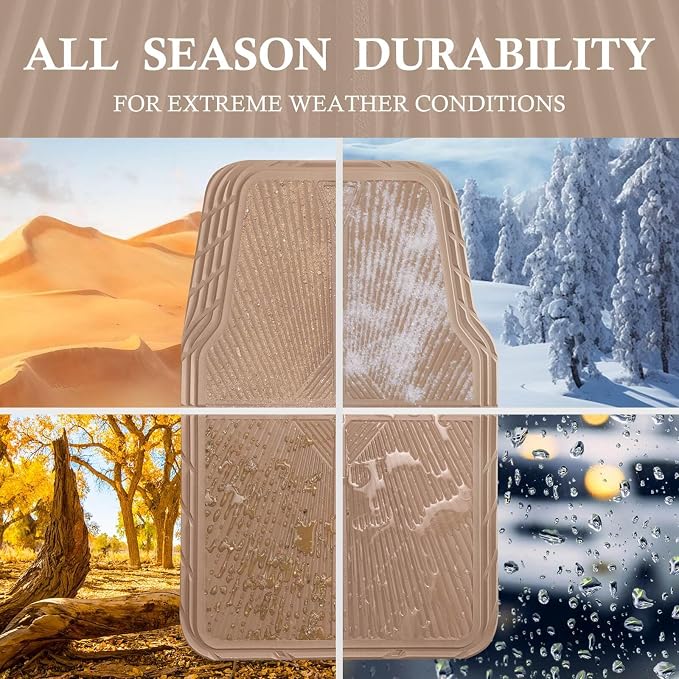 CAR PASS Beige Rubber Floor Mats&Cargo Liner,Waterproof Truck Mats Heavy Duty,All Weather Trim-to-Fit Automotive Mat for Car Truck SUV,Anti-Slip Easy Clean Durable,Full Set 5-Piece,3D Emboss All Beige - Image 5