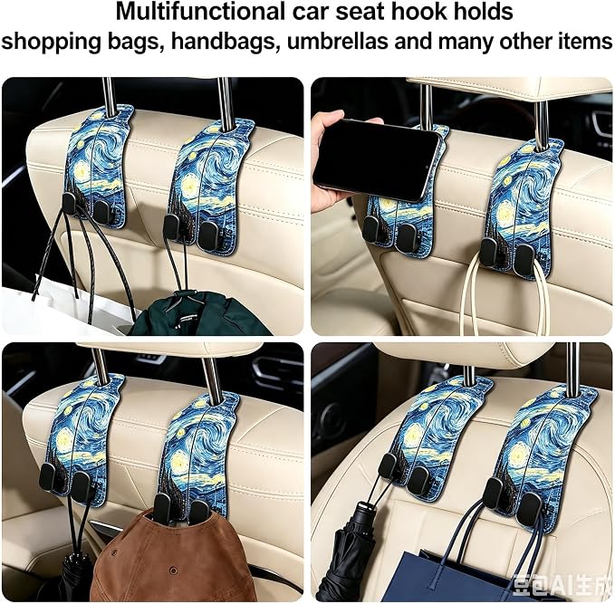 Car Seat Back Headrest Hooks - 2 Pack, The Starry Night Pattern Purse Hook for Car, Metal Leather Multifunctional Auto Hanger Organizer for Bags Water Bottles Phones - Image 6