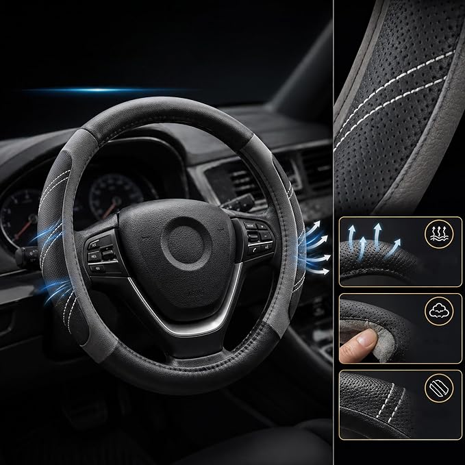 Elantrip Leather Large Steering Wheel Cover 14 1/2 inch to 15 inch Universal, Soft Grip Breathable for Car Truck SUV Jeep Anti Slip Gray - Image 3