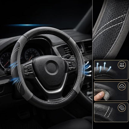 Elantrip Leather Large Steering Wheel Cover 14 1/2 inch to 15 inch Universal, Soft Grip Breathable for Car Truck SUV Jeep Anti Slip Gray - Image 3