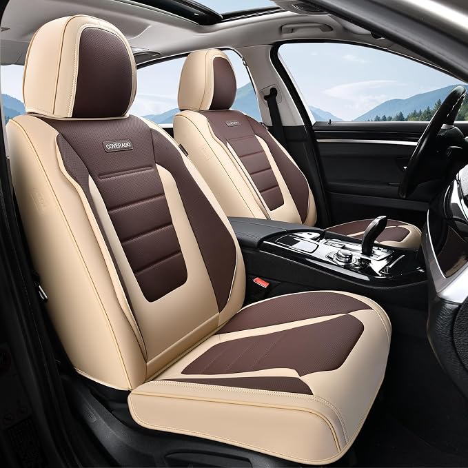 Coverado Car Seat Covers Full Set, Nappa Leather Seat Covers for Cars, Car Seat Protector Car Seat Cushion, Front and Back Seat Protectors Cushions Universal Fit for Most Cars Vehicles(Beige&Coffee) - Image 9