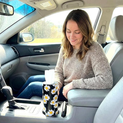 Car Tissues Cylinder for Cup Holder - Refillable Round Tissues Canister with 2 Packs Tissue - Boho Floral Car Interior Accessories for Women & Men - Cute Flower Cars Decorations (Daisy) - Image 2