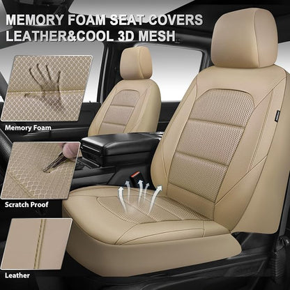 CAR PASS Memory Foam Car Seat Covers,Air Cool Mesh Thick Seat Covers Front Seats,Beige Leather Seat Cover for Car,Universal Automotive Comfort for Most Cars,SUV,Trucks,Airbag Compatible,All Beige - Image 3