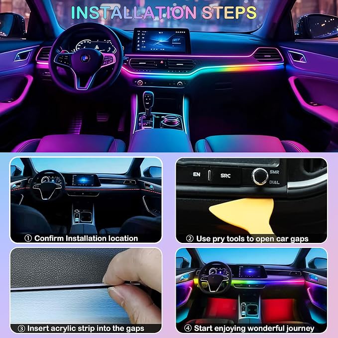 Acrylic Interior Car LED Strip Lights, USB Dreamcolor (10 in 1) | Acrylic LED Lights for Car with Wireless APP and Button Control, RGB Dynamic Chasing, Music Sync Ambient Lighting Kits - Image 7