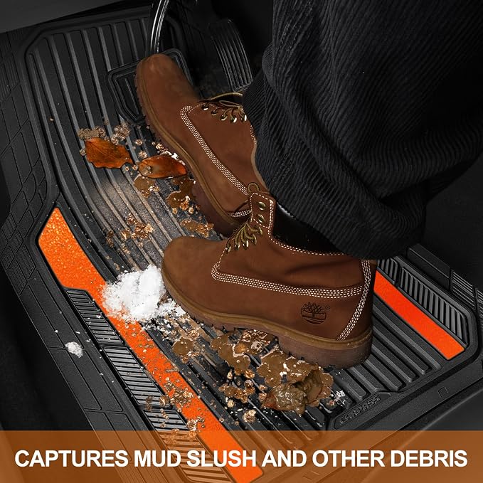 CAR PASS Heavy Duty Rubber Car Mats Metallic, Aluminum Film All Weather Floor Mats Waterproof Universal Trim to Fit SUVs Sedans Vans 4 Piece Anodized Deep Dish Two-Tone Sporty Black Orange Chrome - Image 7