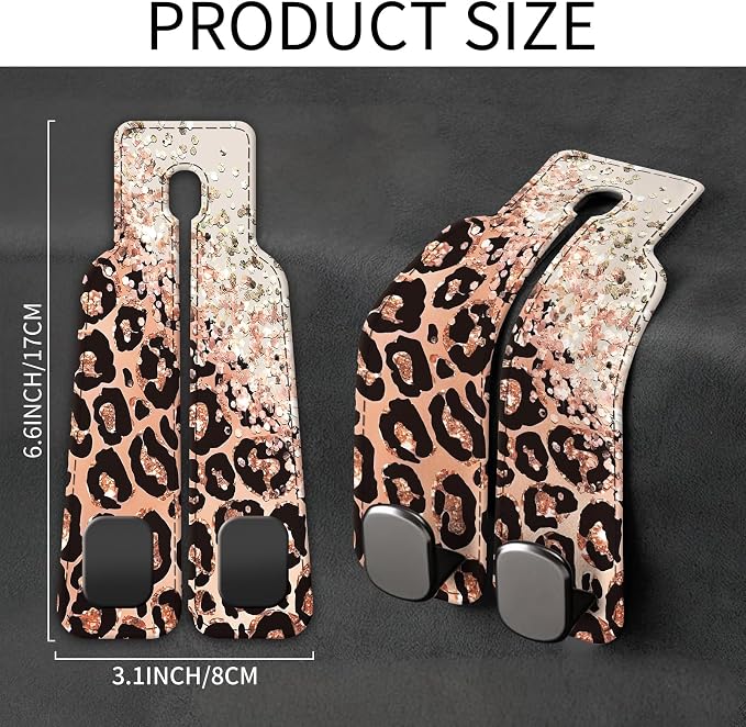Car Seat Back Storage Headrest Hook, Premium Leather Double Metal Hook, Hanger Storage Organizer for Purse Cloth Bag, Car Interior Accessories Glitter Pink Leopard - Image 5