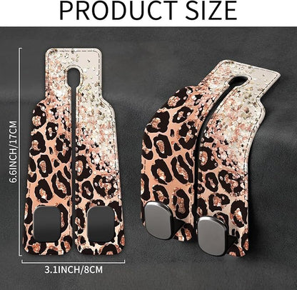 Car Seat Back Storage Headrest Hook, Premium Leather Double Metal Hook, Hanger Storage Organizer for Purse Cloth Bag, Car Interior Accessories Glitter Pink Leopard - Image 5
