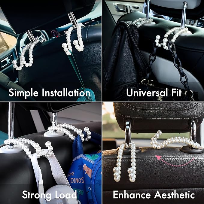 Purse Hook for Car, Pearl Bag Holder for Seat Headrest, 2-Pack | 44lb-Loads Stainless Steel Support, Scratch Free, Universal fit, Easy Install, Girly Car Decor Accessories, Gift for Women - Image 6