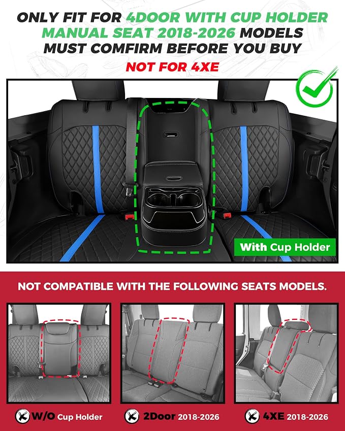 RIDEPOSH for Jeep Wrangler Leather Custom Car Seat Covers Full Set 4 Door | 2018-2026 JL, with Rear Cup Holder, Not for 4XE, Luxury Waterproof Protector, 40/60 Spilt, 5 Seats, Full Coverage, Durable - Image 2