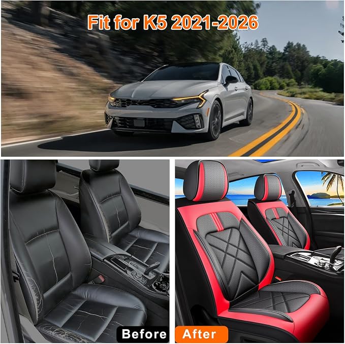 K5 Car Seat Covers Custom Fit for Kia K5 2021-2025 2026, Full Coverage Leather Waterproof Breathable Seat Covers, Automotive Seat Protectors, Airbag Compatible(2 Front Seats, Red & Black) - Image 5