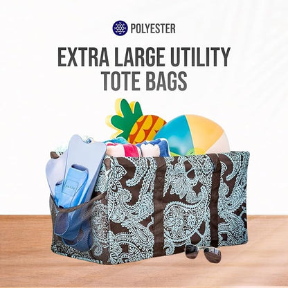 Extra Large Utility Tote Bag - Oversized Collapsible Reusable Wire Frame Rectangular Canvas Basket With Two Exterior Pockets For Beach, Pool, Laundry, Car Trunk, Storage - Paisley Blue - Image 7