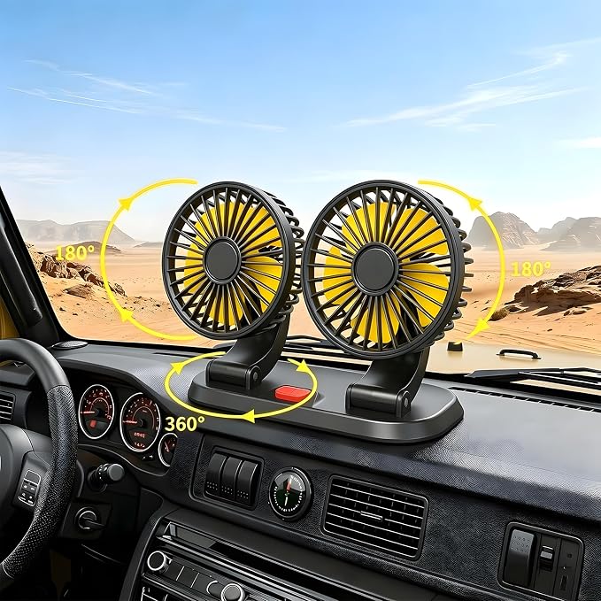 12V Heavy Duty Dual Head Car Fan, 2-Speed Dashboard Cooling Fan with Cigarette Lighter Plug, 360° Rotatable Vehicle Air Circulator for SUV RV Truck Sedan - Image 2