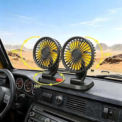12V Heavy Duty Dual Head Car Fan, 2-Speed Dashboard Cooling Fan with Cigarette Lighter Plug, 360° Rotatable Vehicle Air Circulator for SUV RV Truck Sedan - Image 2