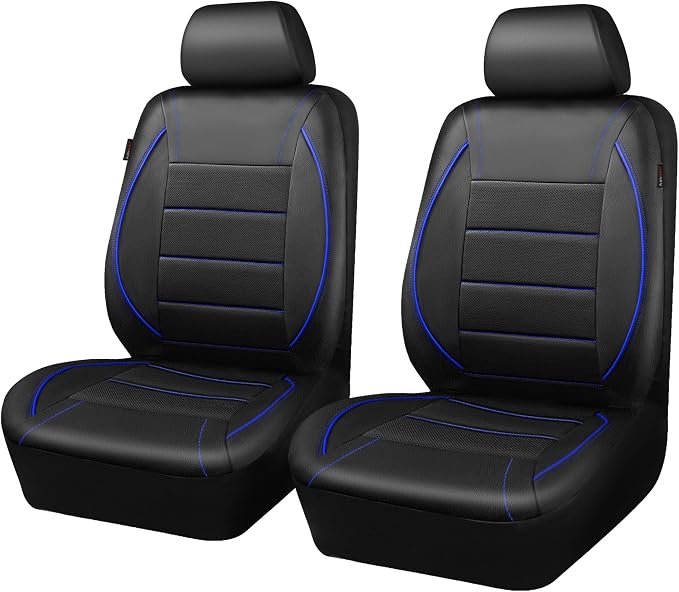 CAR PASS Universal FIT Piping Leather Two Front Seat Covers, Waterproof Faux Leather for SUV Sedan Van Truck, Airbag Compatible,Reserved Opening Holes for Headrest Covers. (Black and Blue) - Image 9