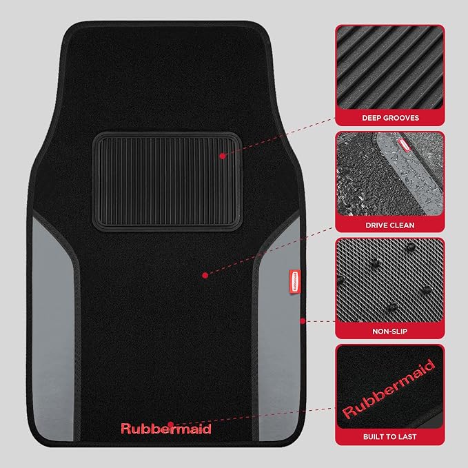 Rubbermaid Car Mats, Carpeted Floor Car Mat with Faux Leather & Built-in Heel Pad, Two-Tone Car Rug Floor Mats, Stylish Carpeted Floor Mats for Cars, Trucks & SUVs Gray Color - Image 3