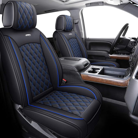 Chevy Silverado GMC Sierra 2 Front Seat Covers 2007-2026 1500 2500HD 3500HD | Aierxuan Custom Fit Truck Pickup Trail Boss Z71 Crew Double Extended Cab Waterproof Leather Cushions Black-Blue - Image 2