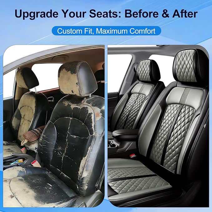 Fit Mazda 6 Seat Covers Custom Fit for Mazda 6 2007-2021, Front Pair | Premium Leather Full Coverage Protectors, Waterproof, Breathable, Scratch Resistant, Easy Wipe, Airbag Compatible, Black+Gray - Image 3