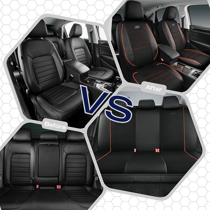 Skechers Air-Cooled Memory Foam Seat Covers,Mesh Thick Car Seat Covers,Piping Leather Car Seat Cover,Airbag Compatible,Automotive Comfort for Most Cars, Vans, Trucks, SUV(Orange, Full Set) - Image 4