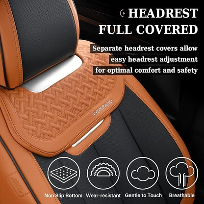 Coverado Seat Covers, Front Car Seat Cover, 2 Pack Breathable Nappa Leather Seat Cover, Waterproof Car Seat Protector, Car Seat Cushion, Universal Auto Seat Covers Fit for Most Cars (Brown&Black) - Image 3