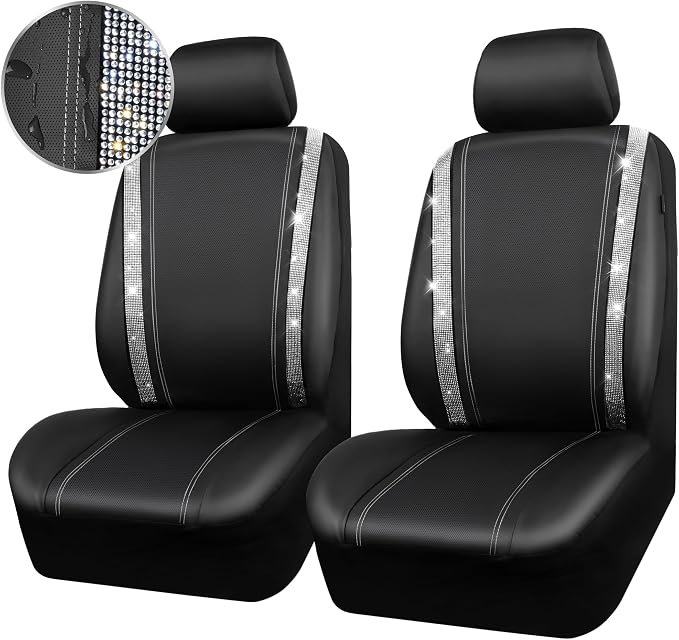 CAR PASS Leather Bling Diamond Car Seat Cover 2 Front Interior Sets, Waterproof Universal Shining Glitter Crystal Sparkle Fit for 95% Automotive Truck SUV Cute Women Girl, Black Silver Rhinestone - Image 9
