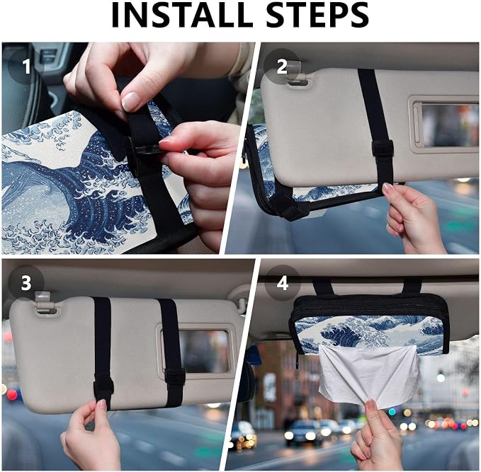 Car Tissue Holder Car Napkin Holder Tissue Box Dispenser Storage Case Sun Visor Mask Holder Accessories with Adjustable Straps Reusable Refillable Deep Blue Wave Pattern Snow Mountain - Image 5