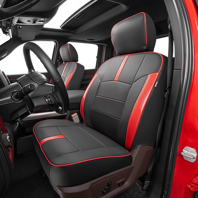 Seat Covers Custom Fit for Dodge 2009-2018 Ram 1500 Crew Cab,Black/Red | Custom Fit Faux Leather Full Set,Waterproof & Wear-Resistant,Fits for 4th Gen Ram 1500 Big Horn/SLT/Lone Star,Easy to Clean by Vidokena