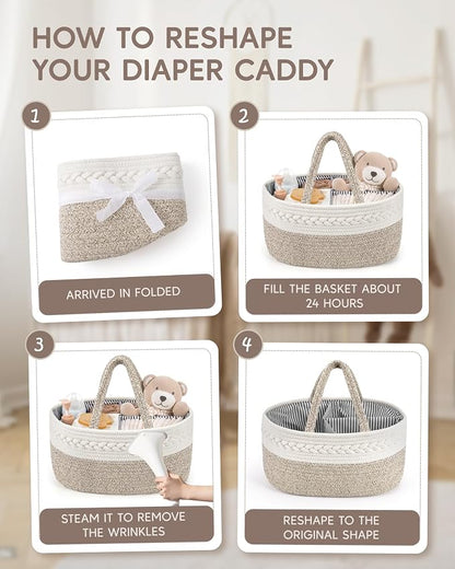 Maliton Baby Diaper Caddy Organizer, X-Large Cotton Rope, Rustic Style, Portable, 3 Compartments, A-Brown - Image 8