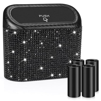 Accmor Bling Car Trash Can with Lid, Mini Vehicle Trash Bin, Car Dustbin Garbage Organizer with 60 Trash Bag, Leakproof Auto Storage Bag Container for Car, Home, Office (Carbon Fiber&Black Rhinestone) by Accmor