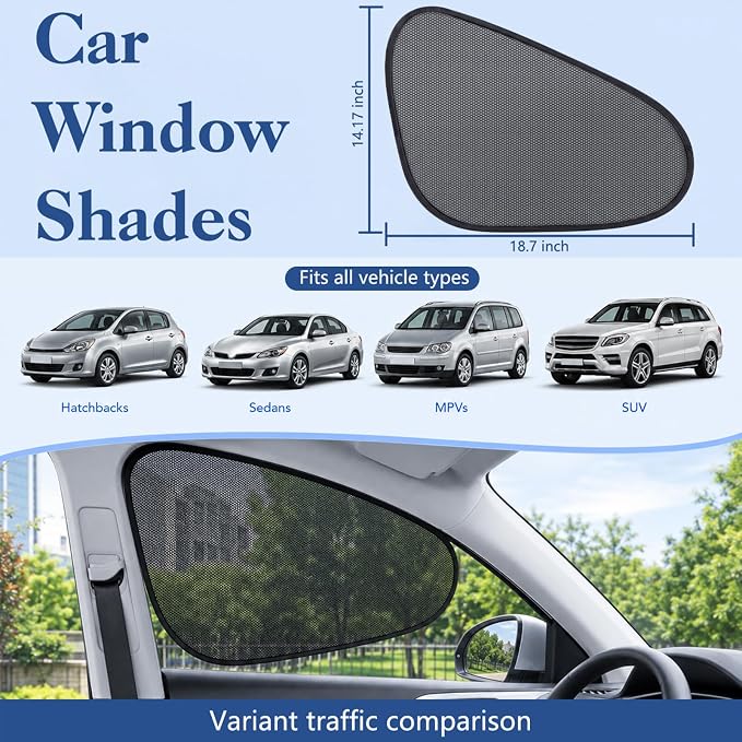 4-Pack Car Window Shades, Foldable Static Cling Car Shades for Side Windows | Mesh Side Window Sun Shade for UV Protection - Universal Fit 99% Cars - Image 6