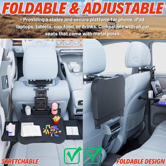 Car Back Seat Tray Table for Older Kids & Passengers, Road Trip Travel | Sturdy Desk Holds Laptop/Meals, 360° Rotatable Phone Holder & Dual Cup Slots, Adjustable Height for Older Kids & Adults - Image 5