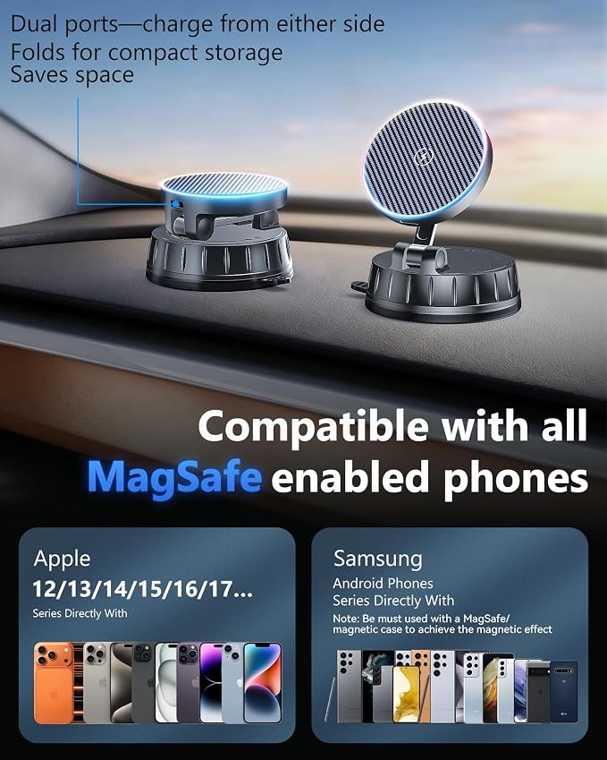 15W MagSafe Car Charger Mount, Magnetic Wireless Car Phone Holder with Dual Input Port, Vacuum Suction & Nano Adhesive Base, 360° Rotation Stable Car Charging Stand for iPhone 12-17, Samsung S26 - Image 6