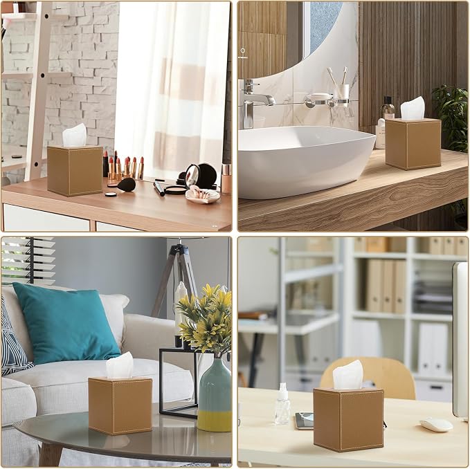 Sumnacon Square Tissue Box Cover,Magnetic Bottom PU Tissue Box Holder,Camel | Stylish Cube Leather Tissue Box Covers ,Decorative Tissue Box for Vanity Dresser Night Stand Table Countertop Home Office Car - Image 7