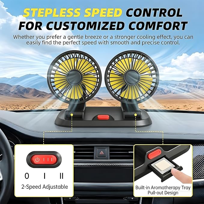 12V Heavy Duty Dual Head Car Fan, 2-Speed Dashboard Cooling Fan with Cigarette Lighter Plug, 360° Rotatable Vehicle Air Circulator for SUV RV Truck Sedan - Image 6