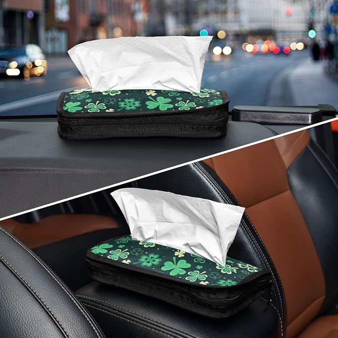 Car Tissue Holder Car Napkin Holder Car Tissue Box Dispenser Storage Case Sun Visor Mask Holder with Adjustable Straps Reusable Refillable Green Clover Leaves - Image 8