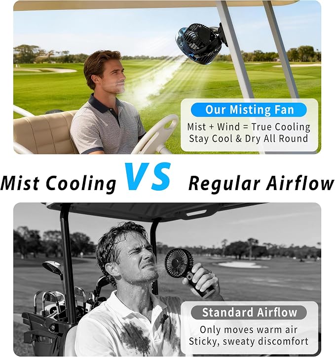 2-Pack Magnetic Golf Cart Fan with Misting & Light | Portable, for golf cart, workshop, camping & BBQ, fits Club Car, Yamaha & EZGO, gift set for golfers & DIYers - Image 5