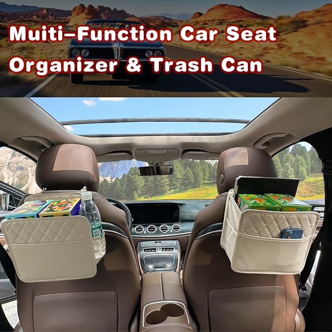 Witaxima Upgrade Car Seat Organizer Backseat with Storage Pockets, Multipurpose Car Organizer Hanging, Car Trash Bag Can,Premium PU Leather Garbage Can 2.14 Gallon Large Capacity Accessories Beige - Image 7