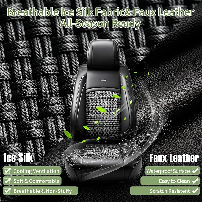Fit Tundra Car Seat Covers for Toyota Tundra 2007-2025 2026, Summer Ice Silk Breathable, Waterproof, All-Weather Automotive Seat Cushion Protector, Airbag Compatible (5 Seats, Black) - Image 4