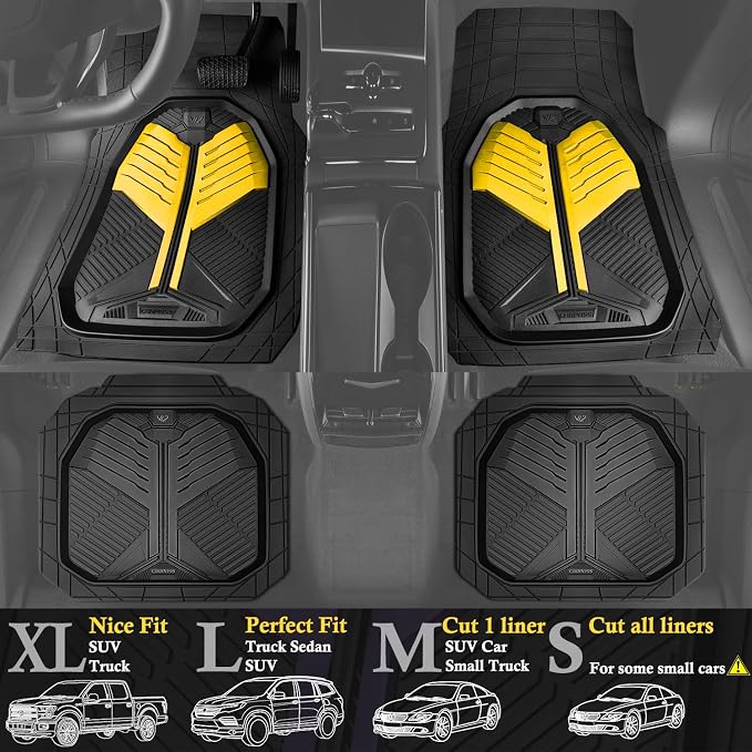CAR PASS Heavy Duty Rubber Car Mats, Deep Dish Car Floor Mats All Weather, Car Mats Full Set 4-Piece Trim to Fit for Sedans SUVs Trucks, Waterproof Anti-Slip Automotive Mats, V12 Black and Yellow - Image 2