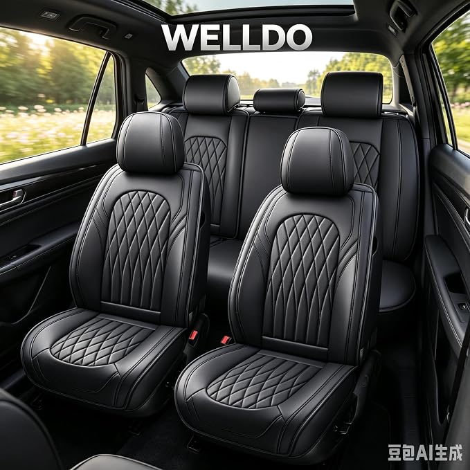 WELLDO Nappa Faux Leather Car Seat Covers Full Set, Black | Eazy to clean,Easy to install ,Waterproof, Non-Slip,Scratch-resistant, Universal Fit for Most Cars, SUVs, Pickup Trucks - Image 2