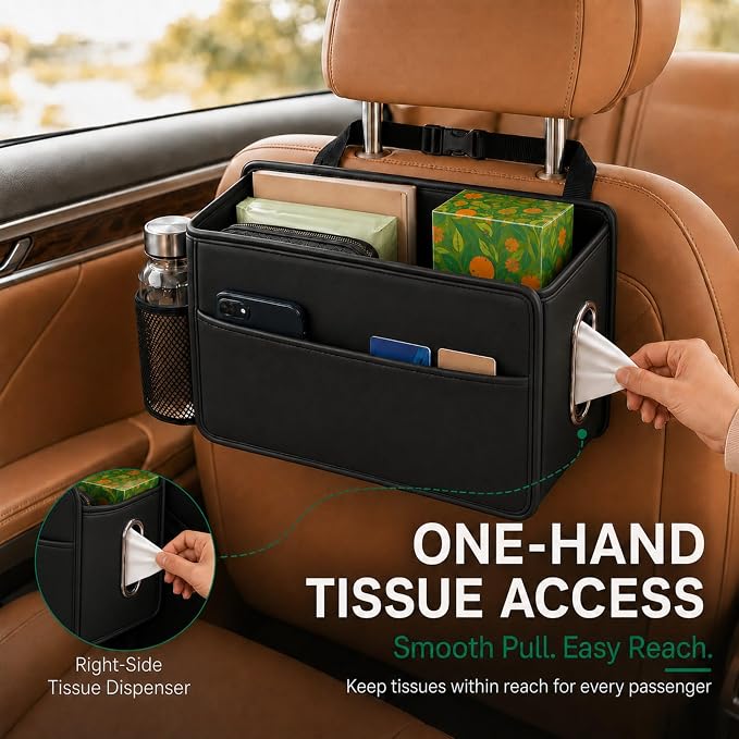 Noaman Car Seat Organizer Backseat Hanging Trash Can or Car Tissue Holder | 2.77 Gallon Large Capacity PU Leather Car Storage organizer with Side Metal Tissue Dispenser for Easy Access 2 Pack Black - Image 7