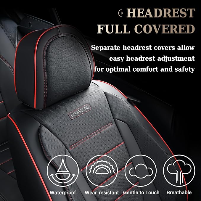 Coverado Car Seat Covers Full Set, Seat Covers for Cars, Car Seat Cover, Car Seat Protector, Nappa Leather Car Seat Cushion, Waterproof Car Seat Covers Front Seats and Back Fit for Most Cars (Redline) - Image 8