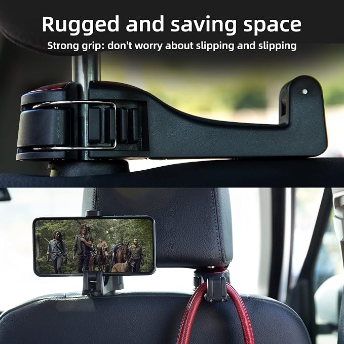 Amooca Car Seat Hooks for Purses and Bags with Phone Holder, Universal Car Headrest Storage Organizer Hanger Hook with Lock, 360° Rotation Headrest Hooks, 2 in 1 Car Headrest Hooks, 2 Pack, Red - Image 5
