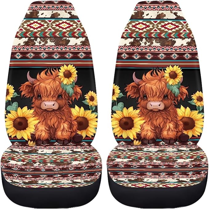 Highland Cow Aztec Car Seat Covers for Front Seats Cow Sunflower Car Accessories for Women Men Washable and Breathable Car Seat Cover Set of 2 for Trucks SUV Sedans - Image 3