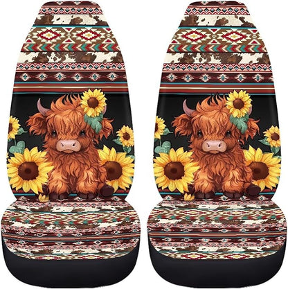Highland Cow Aztec Car Seat Covers for Front Seats Cow Sunflower Car Accessories for Women Men Washable and Breathable Car Seat Cover Set of 2 for Trucks SUV Sedans - Image 3